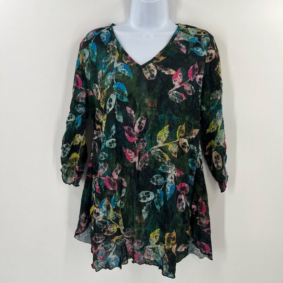 SnoSkins M Artsy Leaf Print Tunic Blouse V-Neck 3/4 Sleeve Textured Sheer USA - Picture 8 of 8